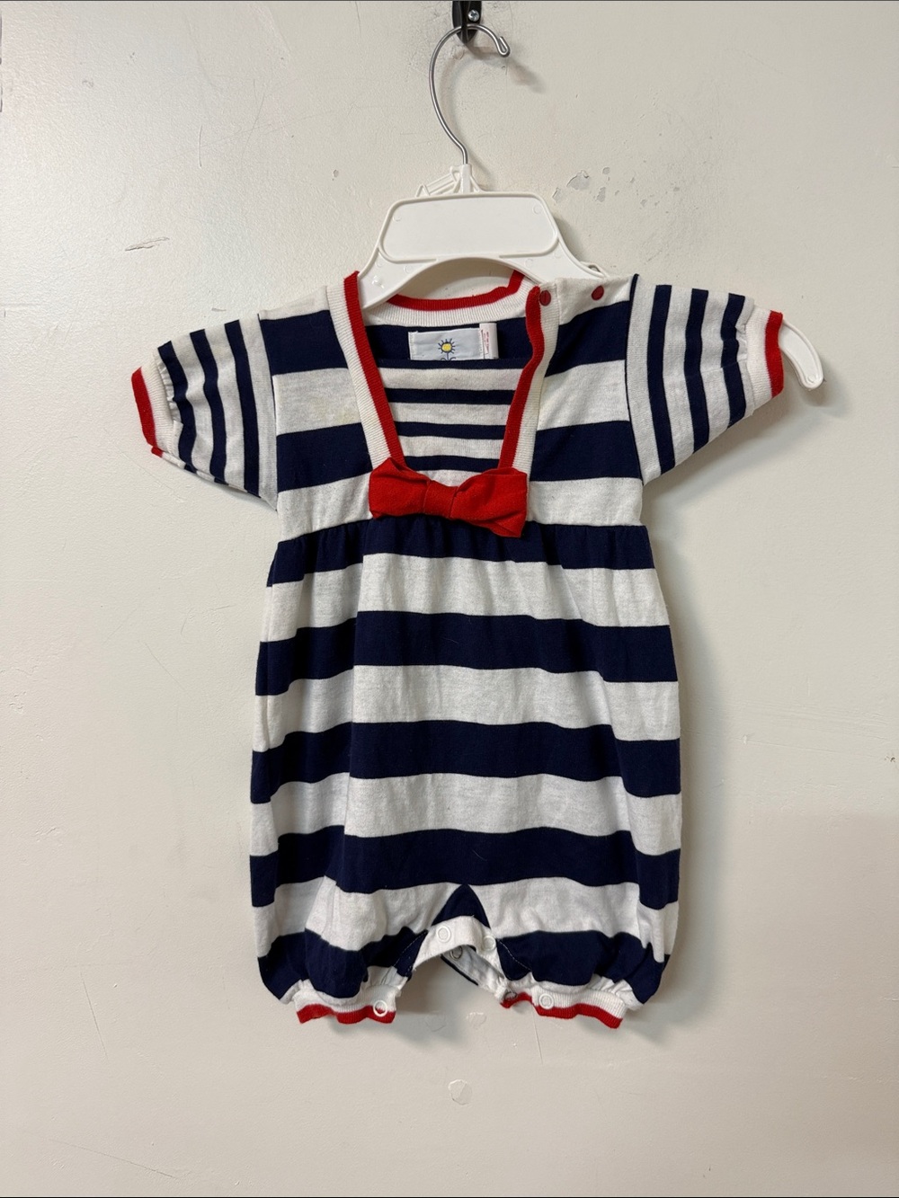 Florence Eiseman Navy & White Striped Baby One-Piece with Red Bow vintage